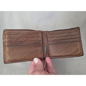 Vtg Fossil Distressed Brown Leather Fold Wallet Tan Stitching Mens